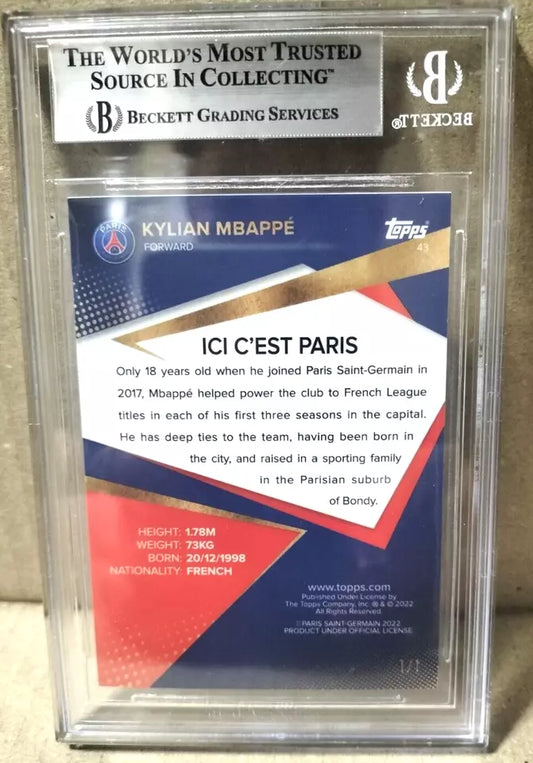KYLIAN MBAPPE 1/1 GOLD FOIL BGS Authentic 2022 Topps Paris Saint Germain Card