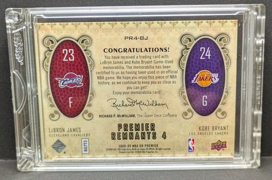 LeBron James Kobe Bryant /25 Gold Game Used Jersey Relic 2008-09 Upper Deck Premier Basketball Card Cavaliers Lakers