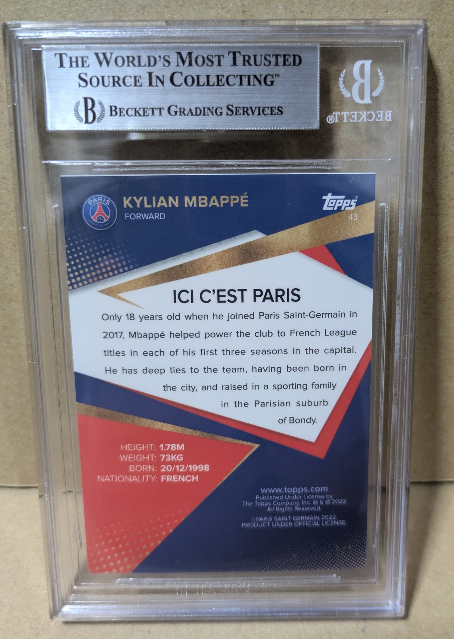 KYLIAN MBAPPE 1/1 GOLD FOIL BGS Authentic 2022 Topps Paris Saint Germain Card