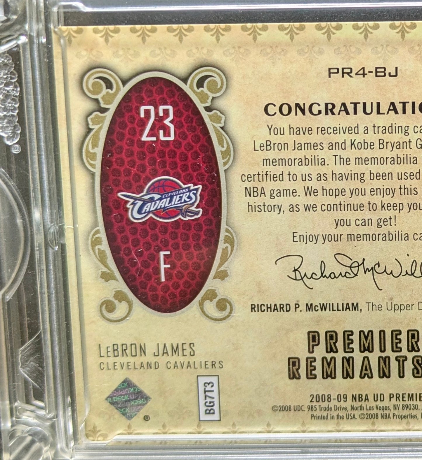 LeBron James Kobe Bryant /25 Gold Game Used Jersey Relic 2008-09 Upper Deck Premier Basketball Card Cavaliers Lakers