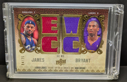 LeBron James Kobe Bryant /25 Gold Game Used Jersey Relic 2008-09 Upper Deck Premier Basketball Card Cavaliers Lakers